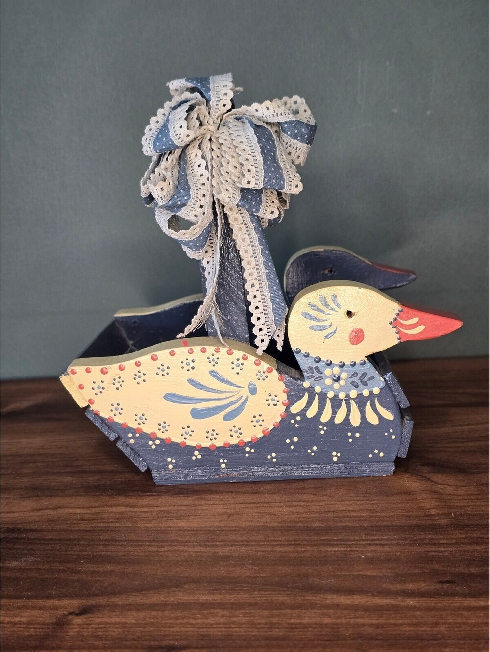 Vintage Wooden Duck Basket Blue Hand Painted Farmhouse Decorative Trug